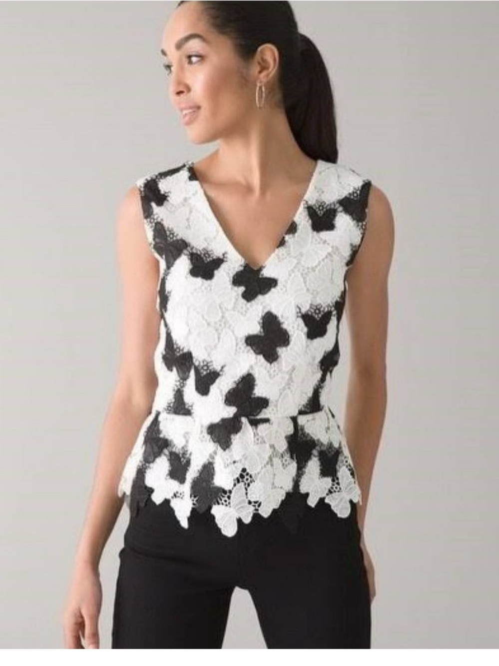 White House Black Market butterfly lace peplum top